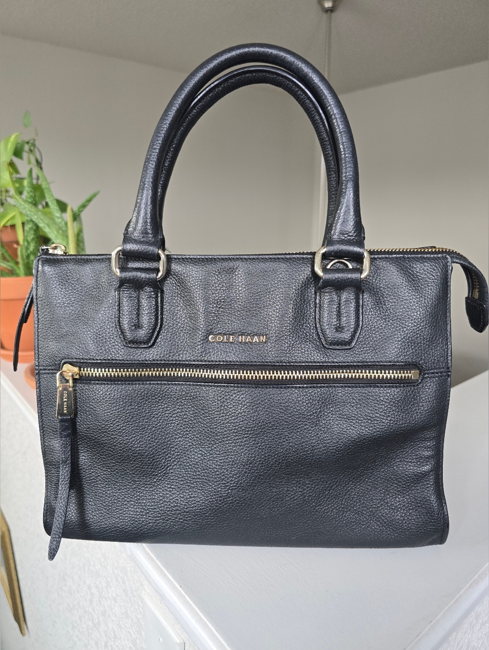 Cole Haan Black Leather Satchel with Gold Accents